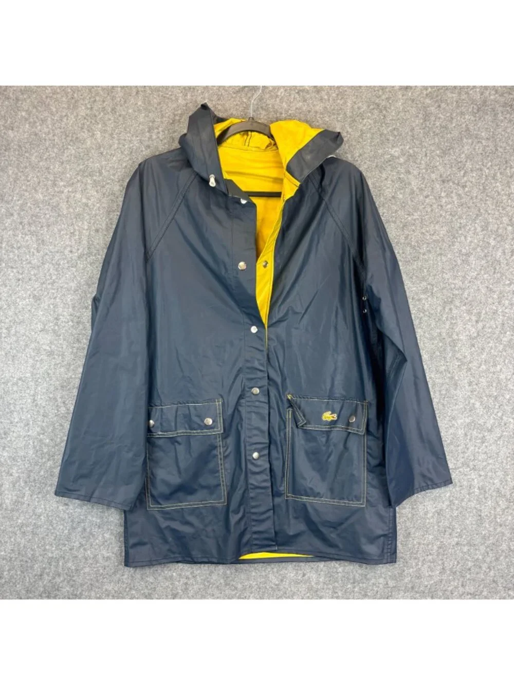 Izod Lacoste Womens Large Rain Coat Jacket Reversible Yellow Blue Hooded Slicker